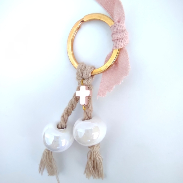 Μπρελόκ με κεραμικές περλέ χάντρες και ροζ χρυσό σταυρό. - κορίτσι, βαπτιστικά, μαρτυρικά, βάπτισης - 3