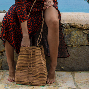 Τσάντα Πουγκί Φελλός "Brown Stripes Bucket Bag" - ώμου, πουγκί, μεγάλες, all day, φελλός - 2