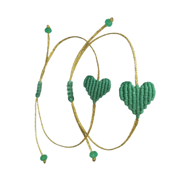 Σετ δύο βραχιόλια μακραμέ καρδιά πράσινη-φυστικί - καρδιά, μακραμέ, boho, χεριού