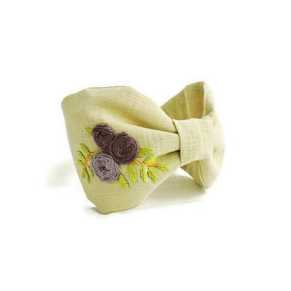 Χειροποίτη φλοράλ στέκα με κέντημα στο χέρι σε μπεζ !λινό ύφασμα / Handmade floral embroidery headband in beige linen cloth . - φλοράλ, για τα μαλλιά, στέκες - 3