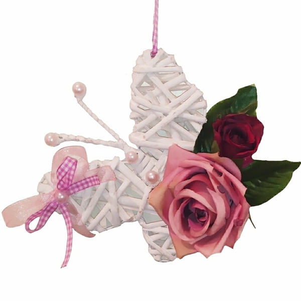 Ξύλινη πεταλούδα στεφάνι 13cm με τριαντάφυλλα - στεφάνια, δώρο, πεταλούδα, ξύλινα διακοσμητικά τοίχου