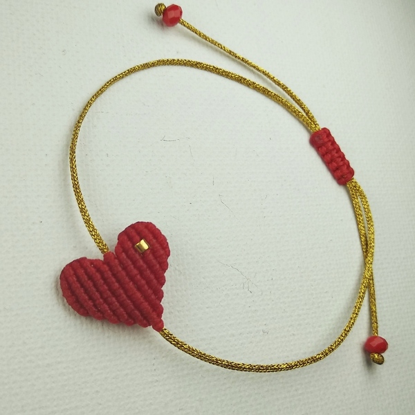 Βραχιόλι μακραμέ καρδιά κόκκινη με χρυσή χάντρα miyuki - καρδιά, μακραμέ, boho, χεριού - 4