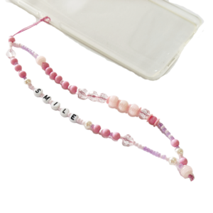 Διακοσμητικό κορδόνι κινητού με ροζ χάντρες και πέρλες SMILE - χειροποίητα, χάντρες, λουράκια - 2