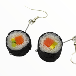 Χειροποίητα σκουλαρίκια Sushi Maki Rolls με σολομό και αβοκάντο ,Mimitopia - πηλός, ατσάλι, κρεμαστά - 3