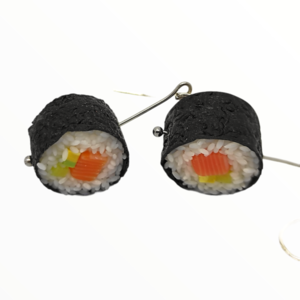 Χειροποίητα σκουλαρίκια Sushi Maki Rolls με σολομό και αβοκάντο ,Mimitopia - πηλός, ατσάλι, κρεμαστά - 5