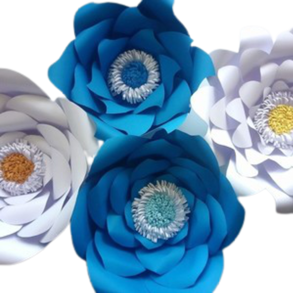 Χάρτινα λουλούδια τοίχου λευκο μπλε - λουλούδια, διακοσμητικά