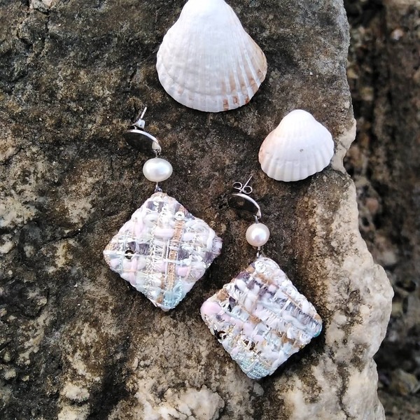 Έθνικ σκουλαρίκια - ημιπολύτιμες πέτρες, boho, κρεμαστά, πέρλες, πλεκτά - 2