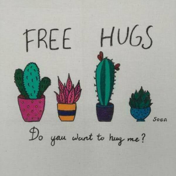Πάνινη τσάντα ❤️ "Free Cactus Hugs" - ύφασμα, ώμου, all day, tote, πάνινες τσάντες - 2