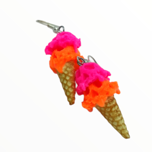 Σκουλαρίκια παγωτό χωνάκι με νέον χρώματα πορτοκαλί-ροζ (ice cream cone earrings),χειροποίητα κοσμήματα απομίμησης φαγητού απο πολυμερικό πηλό Mimitopia - πηλός, χειροποίητα, παγωτό, φαγητό - 3