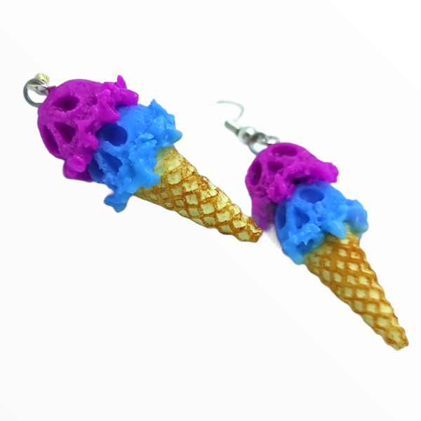 Σκουλαρίκια παγωτό χωνάκι με νέον χρώματα μώβ-μπλέ (ice cream cone earrings),χειροποίητα κοσμήματα απομίμησης φαγητού απο πολυμερικό πηλό Mimitopia - πηλός, χειροποίητα, παγωτό, φαγητό