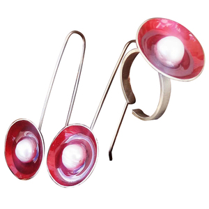 Σετ σκουλαρίκια δακτυλίδι με σμάλτα και μαργαριτάρια - γυαλί, ιδιαίτερο, χειροποίητα, κρεμαστά - 2