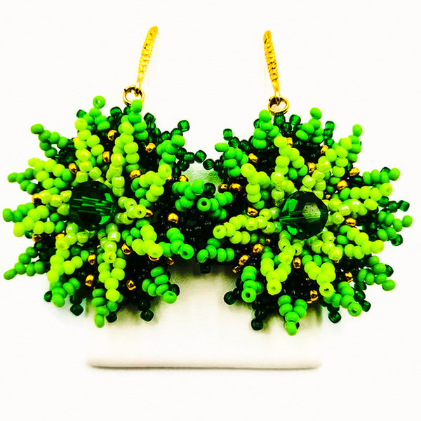 Κρεμαστά μικρά πράσινα σκουλαρίκια - χειροποίητα, λουλούδι, μικρά, boho, κρεμαστά - 3