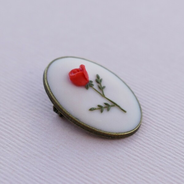 "Beauty"- Χειροποίητη μικρή vintage καρφίτσα με τριαντάφυλλο (μπρούτζος, πηλός) (4εκ.) - vintage, τριαντάφυλλο, πηλός, λουλούδι, μπρούντζος - 2