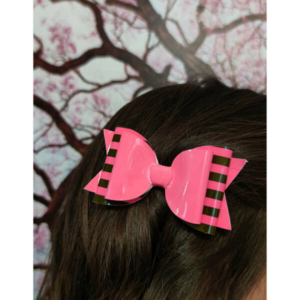 Παιδικό Κλιπ Μαλλιών Φιόγκος Neon Pink Λουστρινι Ροζ 9x5 - δώρα γενεθλίων, αξεσουάρ μαλλιών, hair clips - 3