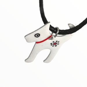 Χειροποίητο Κολιέ σκυλάκι άσπρο βαμμένο με Σμάλτο, χειροποίητα κοσμήματα σμάλτου απο τη mimitopia - δέρμα, γυαλί, σμάλτος, σκυλάκι, boho - 3