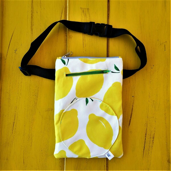 Γυναικεία χειροποίητη τσάντα μέσης και χιαστί με λεμόνια - ύφασμα, animal print, all day, μικρές - 2