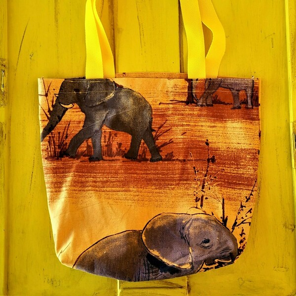 Γυναικεία χειροποίητη τσάντα ώμου / tote bag από ύφασμα με θέμα ελεφαντάκια - animal print, ώμου, all day, θαλάσσης, tote - 3