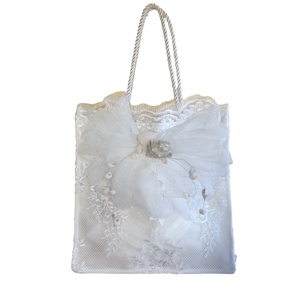 Λευκή δαντελέ tote-bag με διακόσμηση φιόγκο από γάζα και κοχύλια 34*36*9 εκ - ύφασμα, ώμου, μεγάλες, all day, tote