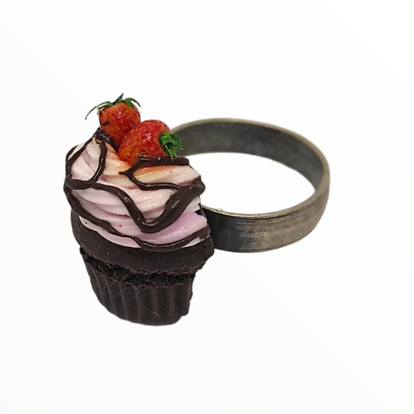 Χειροποίητο Δαχτυλίδι cupcake φράουλα,κοσμήματα απομίμησης γλυκών, χειροποίητα κοσμήματα μινιατούρες πολυμερικού πηλού Mimitopia - πηλός, boho, γλυκά, αυξομειούμενα - 2