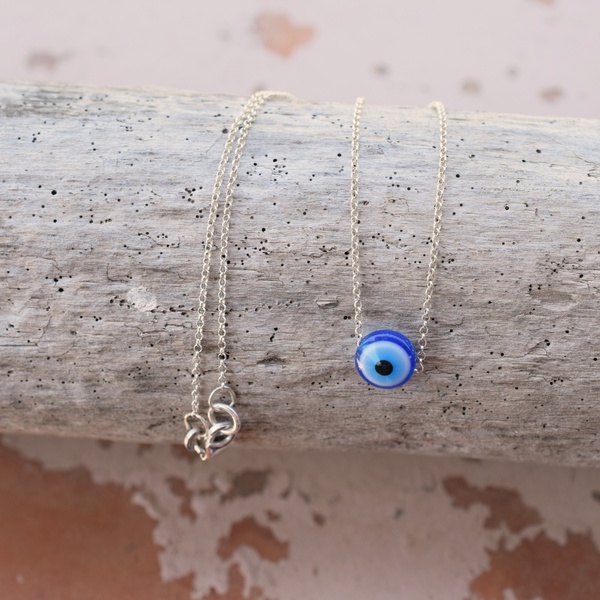 Λεπτή αλυσίδα ασήμι 925 με μπλε μάτι χάντρα - charms, ασήμι 925, μάτι, κοντά, boho, μπλε χάντρα - 4
