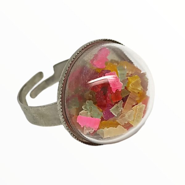 Χειροποίητο Δαχτυλίδι ζαχαρωτά gummy Bears Haribo σε γυάλινο θόλο,κοσμήματα απομίμησης γλυκών, χειροποίητα κοσμήματα μινιατούρες πολυμερικού πηλού Mimitopia-Σχέδιο 2 - πηλός, γλυκά, μεγάλα, αυξομειούμενα - 2