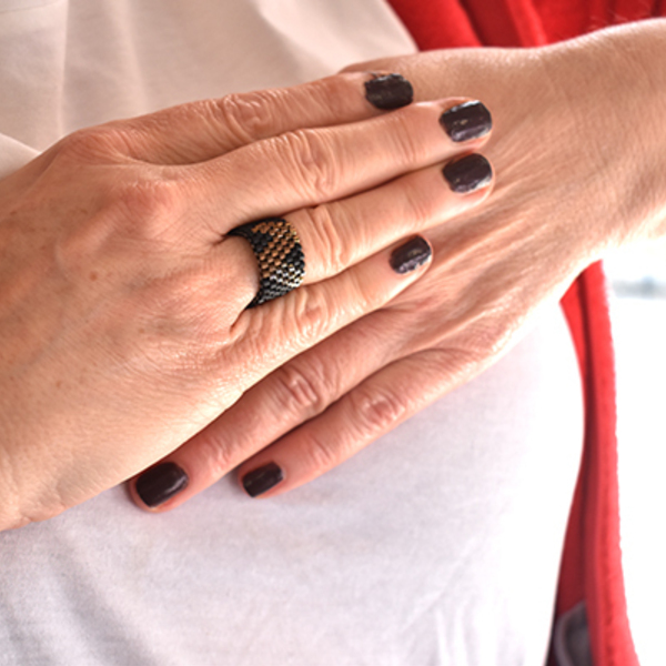 Mαυρο δαχτυλίδι Miyuki delica με γραμμικό σχέδιο - χάντρες, miyuki delica, σταθερά, μεγάλα, δώρα για γυναίκες - 2