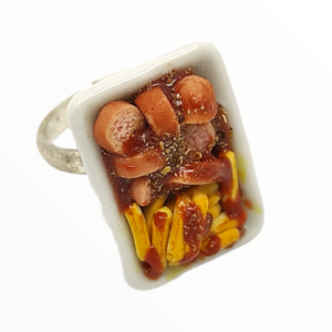 Χειροποίητο Δαχτυλίδι curry wurst με πατάτες,κοσμήματα απομίμησης γλυκών, χειροποίητα κοσμήματα μινιατούρες πολυμερικού πηλού Mimitopia - πηλός, boho, φαγητό, αυξομειούμενα - 3