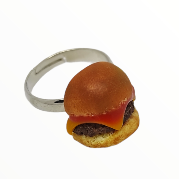 Χειροποίητο Δαχτυλίδι burger,κοσμήματα απομίμησης γλυκών, χειροποίητα κοσμήματα μινιατούρες πολυμερικού πηλού Mimitopia - πηλός, φαγητό, αυξομειούμενα - 2