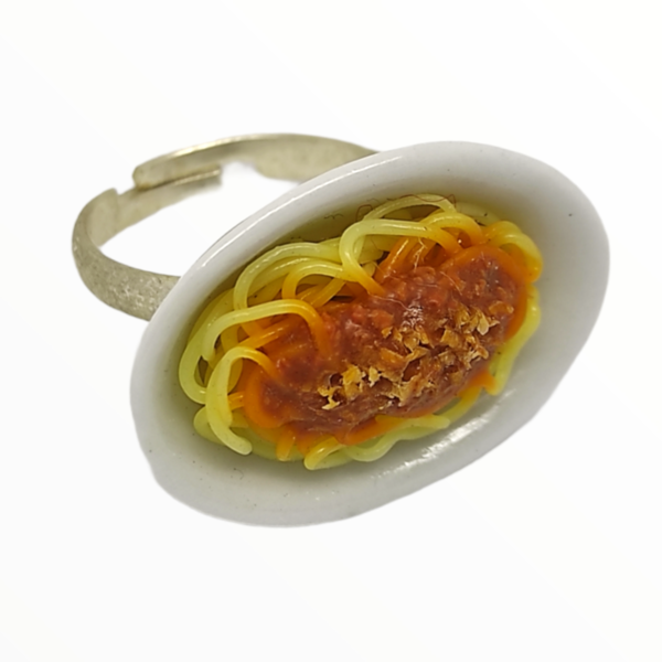 Χειροποίητο Δαχτυλίδι μακαρόνια spaghetti με κιμά,κοσμήματα απομίμησης φαγητού, χειροποίητα κοσμήματα μινιατούρες πολυμερικού πηλού Mimitopia - πηλός, boho, φαγητό, αυξομειούμενα