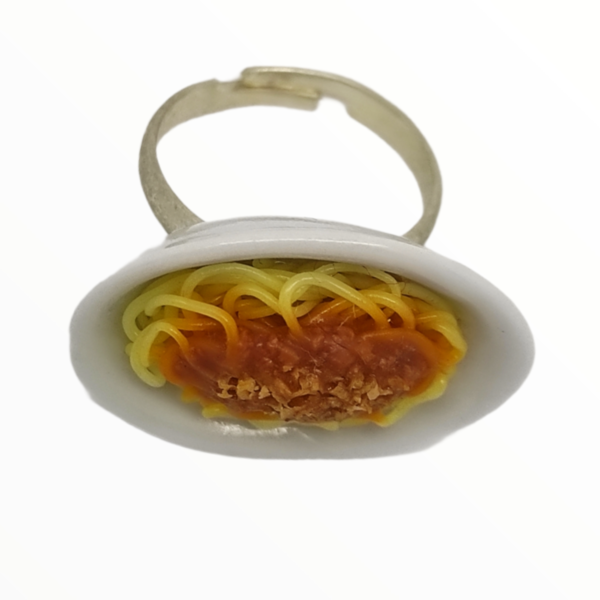 Χειροποίητο Δαχτυλίδι μακαρόνια spaghetti με κιμά,κοσμήματα απομίμησης φαγητού, χειροποίητα κοσμήματα μινιατούρες πολυμερικού πηλού Mimitopia - πηλός, boho, φαγητό, αυξομειούμενα - 5