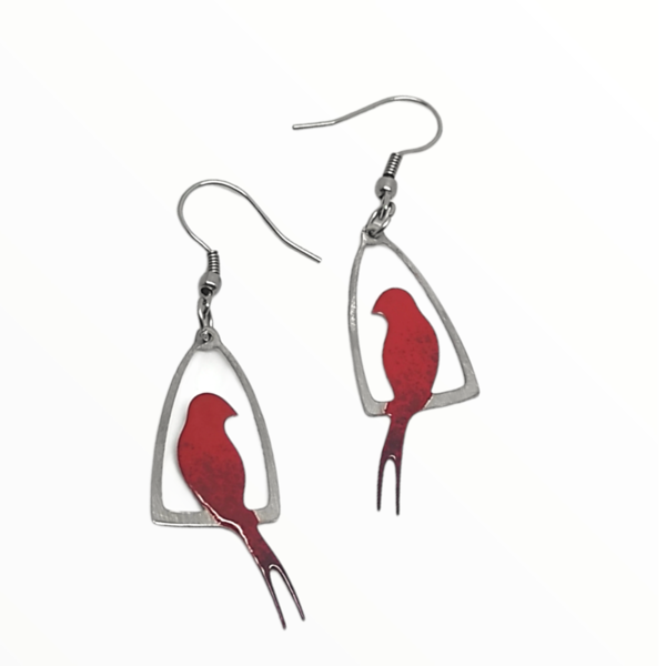 Σκουλαρίκια πουλάκια κόκκινα σε κούνια βαμμένα με Σμάλτο , χειροποίητα κοσμήματα σμάλτου mimitopia - σμάλτος, πουλάκια, ατσάλι, boho, κρεμαστά - 4