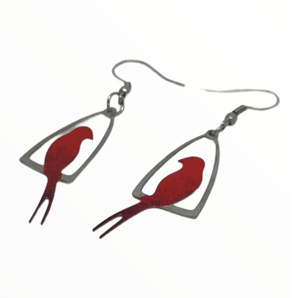 Σκουλαρίκια πουλάκια κόκκινα σε κούνια βαμμένα με Σμάλτο , χειροποίητα κοσμήματα σμάλτου mimitopia - σμάλτος, πουλάκια, ατσάλι, boho, κρεμαστά - 5