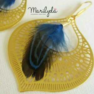 Σκουλαρίκια Filigree Feather μπλε φτερό 60mm - επιχρυσωμένα, ορείχαλκος, φτερό, boho, κρεμαστά - 4