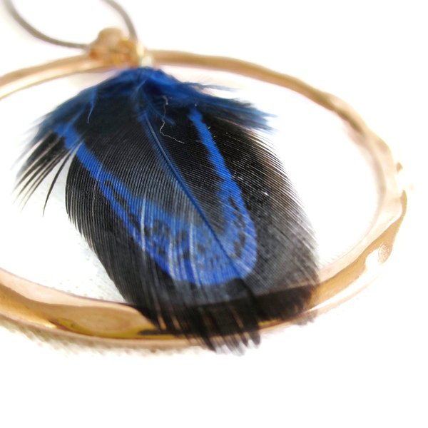 Κολιέ "Circle Feather" rose gold με μπλε φτερό πετεινού 90εκ. - επιχρυσωμένα, ορείχαλκος, φτερό, κύκλος, μακριά - 3
