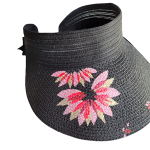Καπέλο / Στέκα μαύρο ζωγραφισμένο στο χέρι - ζωγραφισμένα στο χέρι, λουλούδια, ψάθινα