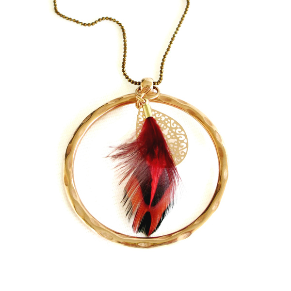 Κολιέ "Circle Feather" rose gold με κόκκινο φτερό πετεινού 90εκ. - επιχρυσωμένα, ορείχαλκος, φτερό, κύκλος, μακριά - 2