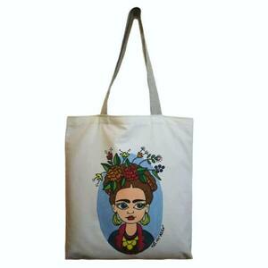 Τσάντα ζωγραφισμένη χειροποιητη, οικολογικη tote bag, shopper, πάνινη τσάντα Φρίντα - ύφασμα, all day, πάνινες τσάντες