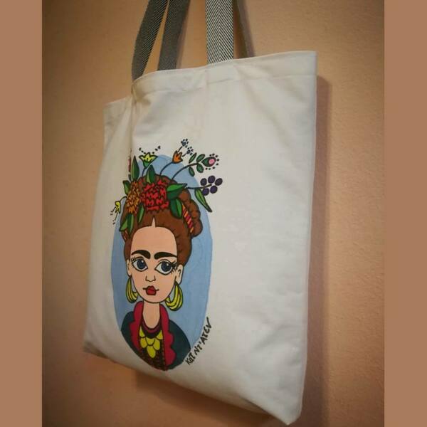 Τσάντα ζωγραφισμένη χειροποιητη, οικολογικη tote bag, shopper, πάνινη τσάντα Φρίντα - ύφασμα, all day, πάνινες τσάντες - 2