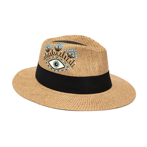 Lanai μπεζ χειροποίητο καπέλο Παναμά με μάτι και boho σχέδια - ψάθινα, ζωγραφισμένα στο χέρι, μάτι