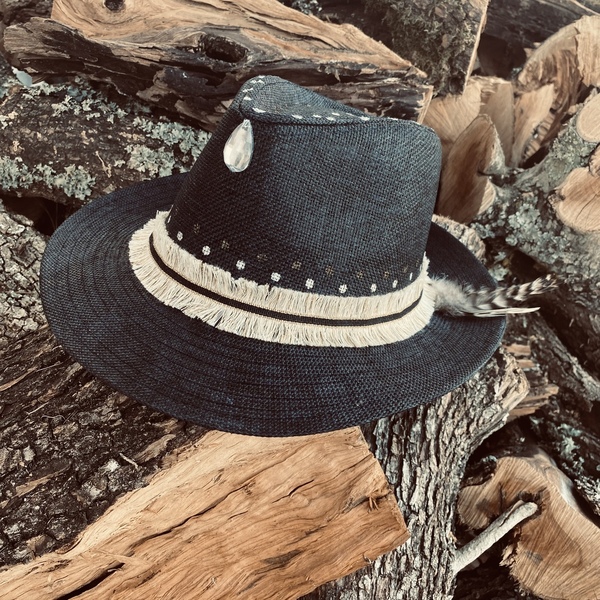 Ψάθινο καπέλο - Blacky boho look - απαραίτητα καλοκαιρινά αξεσουάρ, boho, αξεσουάρ παραλίας, ψάθινα - 5