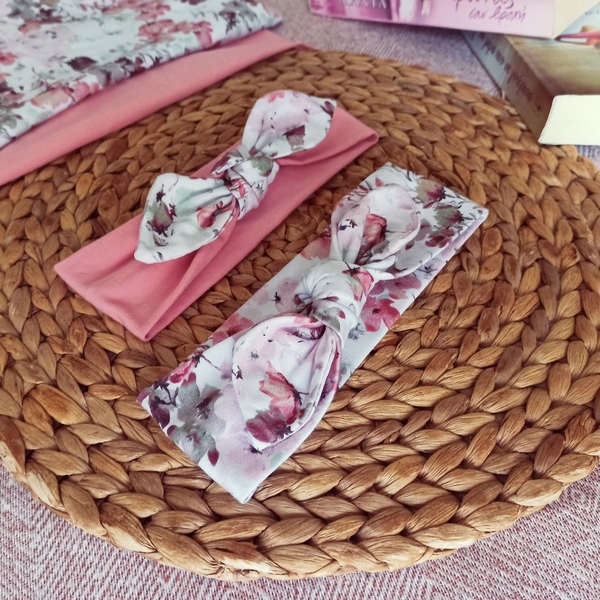 Κορδέλα μαλλιών με δετό φιόγκο/αυτάκια σε ροζ-κοραλί με φιόγκο floral ροζ-σάπιο μήλο ανθάκια - βαμβακερές κορδέλες, μαμά και κόρη, αξεσουάρ μαλλιών - 2
