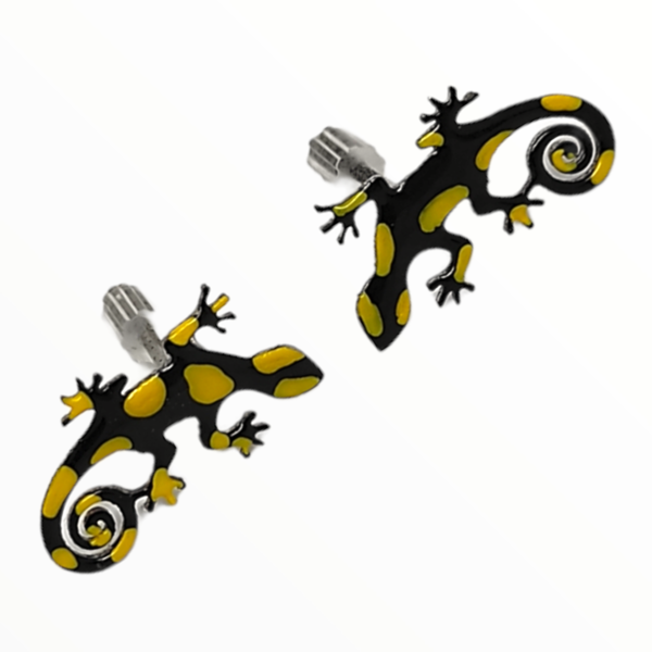 Σκουλαρίκια καρφωτά σαυράκια κιτρινόμαυρα geko βαμμένα με Σμάλτο, χειροποίητα κοσμήματα mimitopia - σμάλτος, καρφωτά, ατσάλι, boho