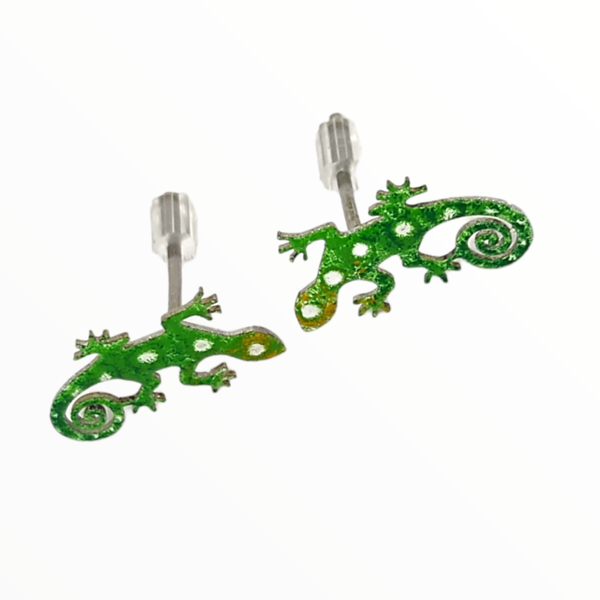 Σκουλαρίκια καρφωτά σαυράκια πράσινα geko βαμμένα με Σμάλτο, χειροποίητα κοσμήματα mimitopia - σμάλτος, καρφωτά, ατσάλι, boho - 2