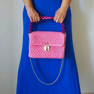 Χειροποίητη πλεκτή τσάντα σε ροζ με κοκκαλινη αλυσίδα - νήμα, ώμου, μεγάλες, πλεκτές τσάντες, βραδινές - 3