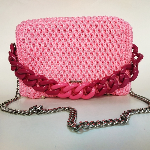 Χειροποίητη πλεκτή τσάντα σε ροζ με κοκκαλινη αλυσίδα - νήμα, ώμου, μεγάλες, πλεκτές τσάντες, βραδινές - 5