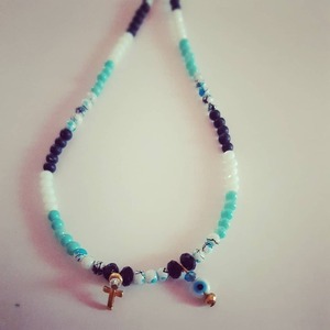 Beads necklace - σταυρός, μάτι, κοντά, επιχρυσωμένο στοιχείο - 2