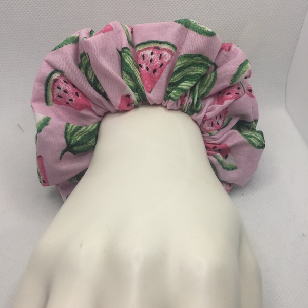 Υφασμάτινο λαστιχάκι scrunchie με καρπουζάκια - ύφασμα, ροζ, κορίτσι, καρπούζι, λαστιχάκια μαλλιών - 5