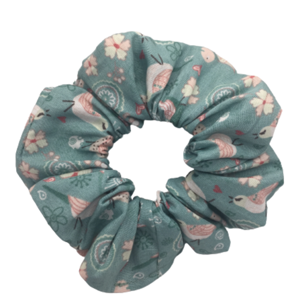 Υφασμάτινο λαστιχάκι scrunchie με πουλάκια - ύφασμα, κορίτσι, πουλάκια, λουλούδια, λαστιχάκια μαλλιών - 2