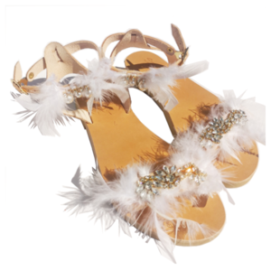 Χειροποίητο δερμάτινο σανδάλι με λευκά φτερά και πολυτελή κρύσταλλα - δέρμα, στρας, φτερό, νυφικά, ankle strap