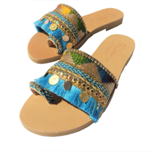 Boho Princess in Cyan χειροποίητο δερμάτινο σανδάλι σε γαλάζιο χρώμα με στρας και φλουριά - slides, φλατ, στρας, δέρμα, boho